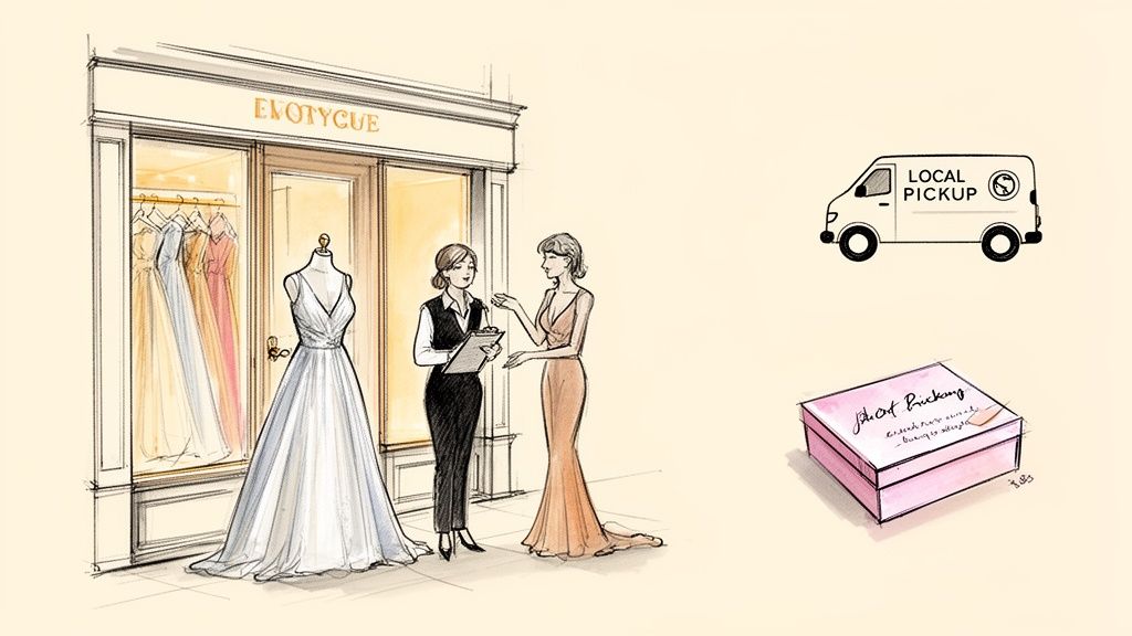 An illustration showing a fashion boutique with dresses, two women, a local pickup van, and a pink box.