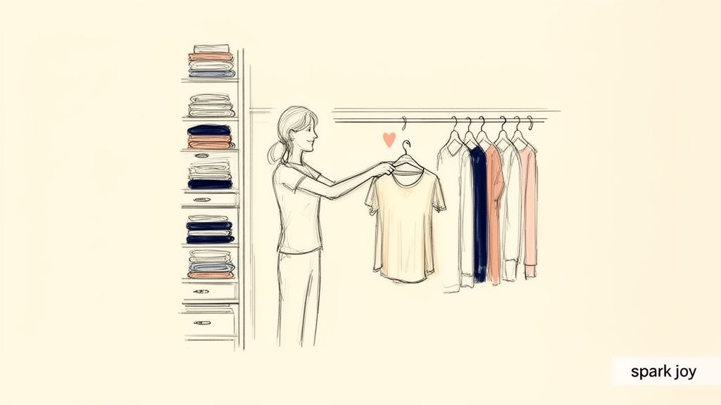 A smiling woman organizing clothes in a closet, with folded items on shelves and hanging shirts.