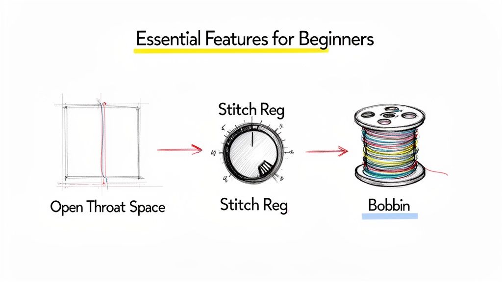 Diagram illustrating essential sewing machine features for beginners: open throat space, stitch regulator, and bobbin.