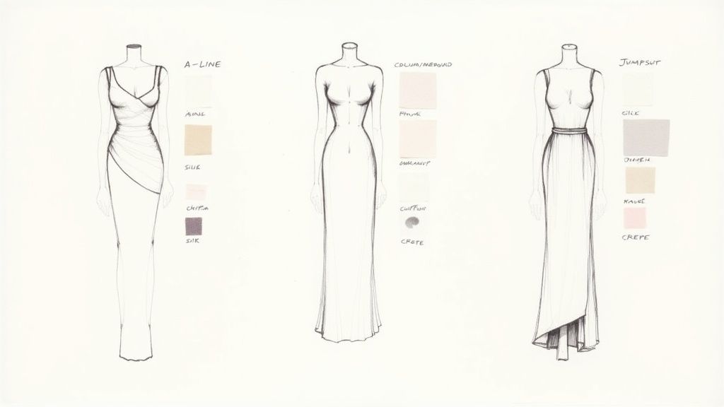 A collection of elegant formal accessories including a clutch, necklace, and heels.