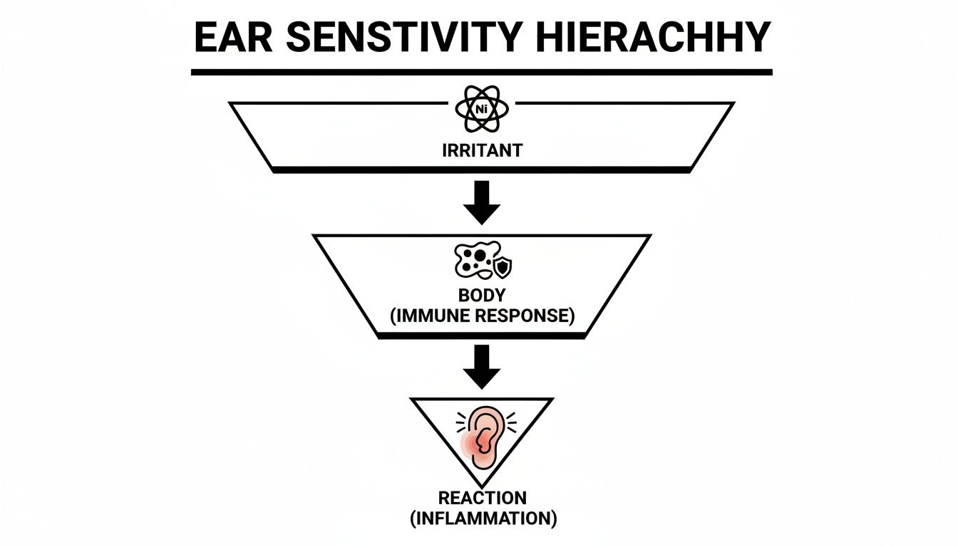 A hierarchy diagram illustrating ear sensitivity from irritant to immune response and inflammation.