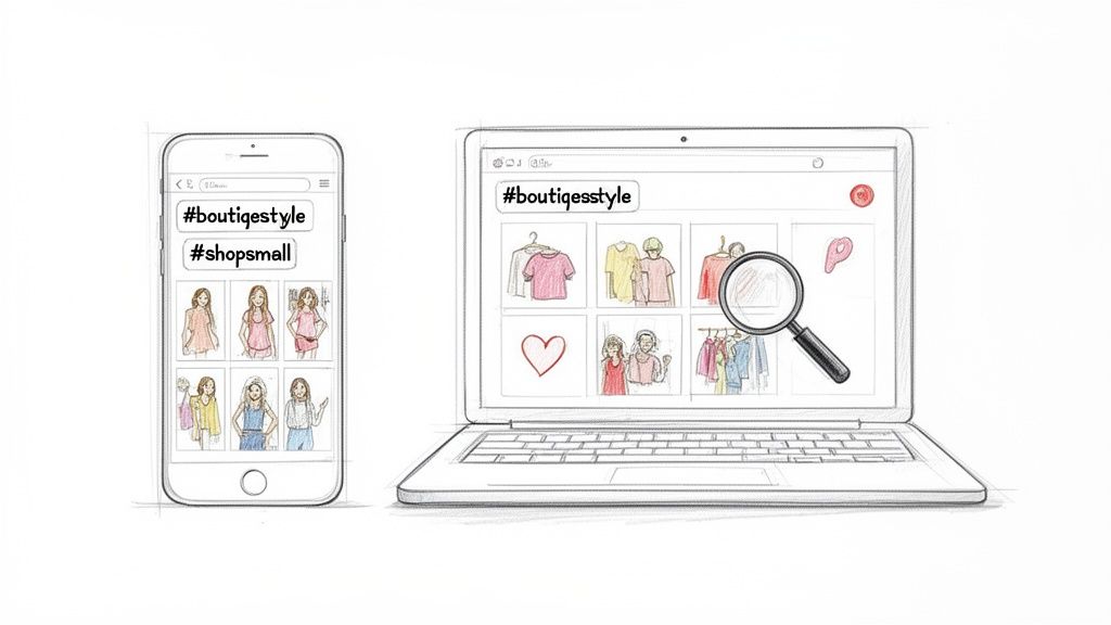 A mobile phone and laptop display online search results for #boutiquestyle and #shopsmall fashion.