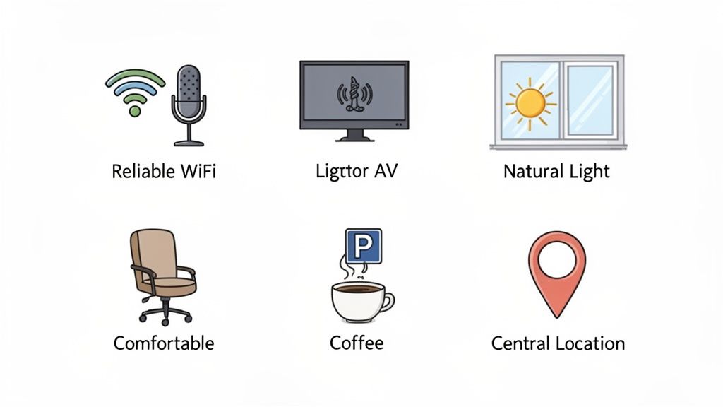 Icons representing features like reliable WiFi, AV, natural light, comfortable seating, coffee, and a central location.