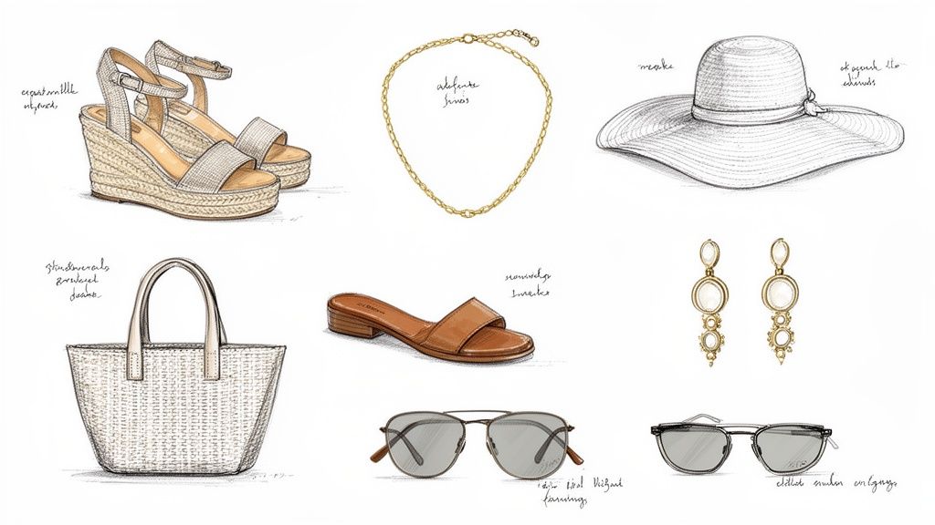 A collection of resort wear accessories: espadrille sandals, straw tote bag, hat, necklace, earrings, and sunglasses.