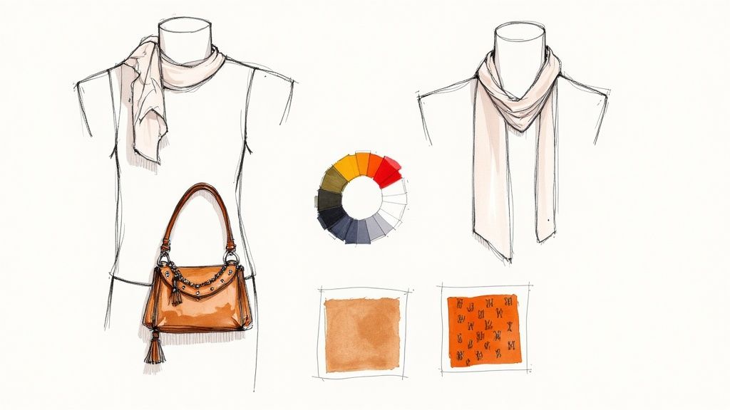 A woman wearing a colorful scarf and a textured bag, demonstrating how to accessorize an outfit with vibrant elements.