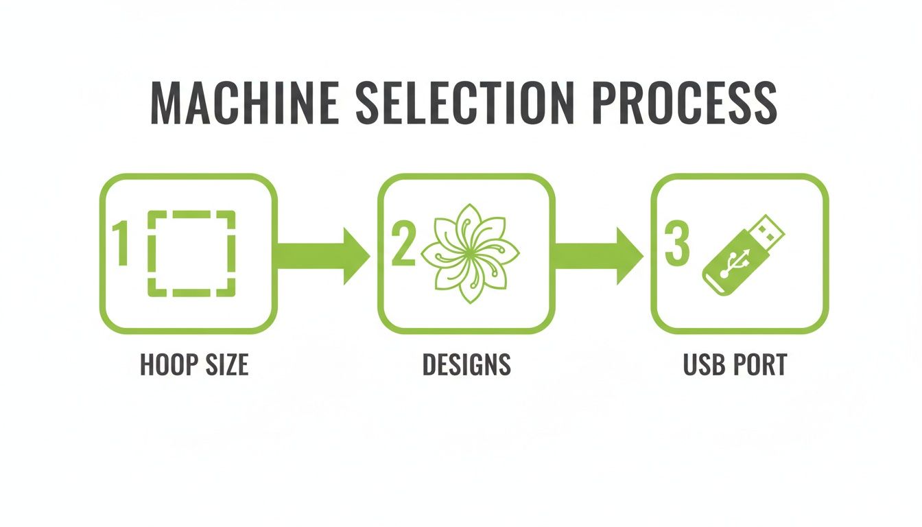 A machine selection process flowchart, outlining three key steps: hoop size, designs, and USB port.