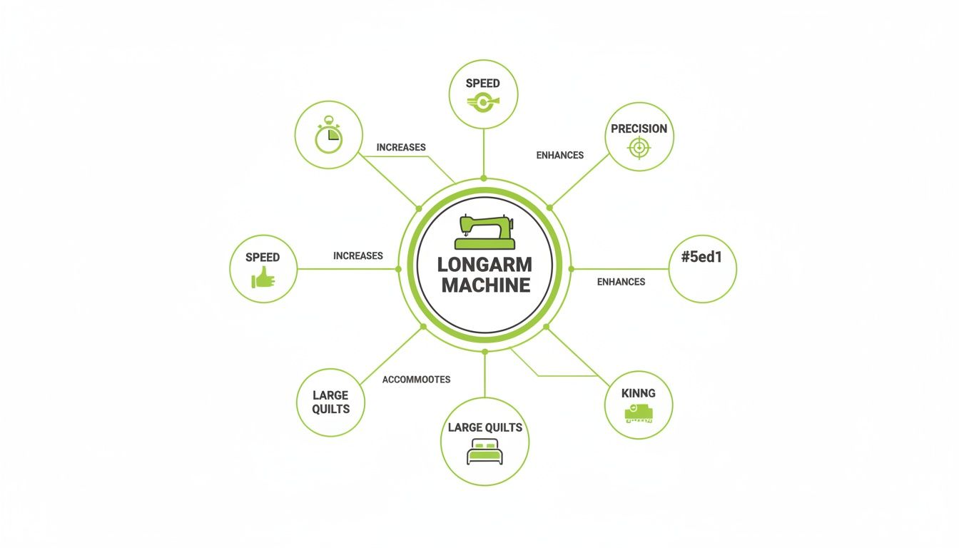 A diagram illustrating the benefits of a longarm quilting machine: increased speed, enhanced precision, and accommodation for large quilts.