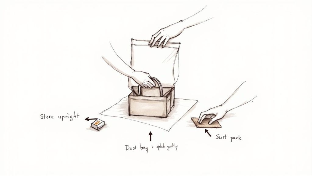 Illustration showing hands carefully placing a handbag into a dust bag inside a storage box with storage instructions.