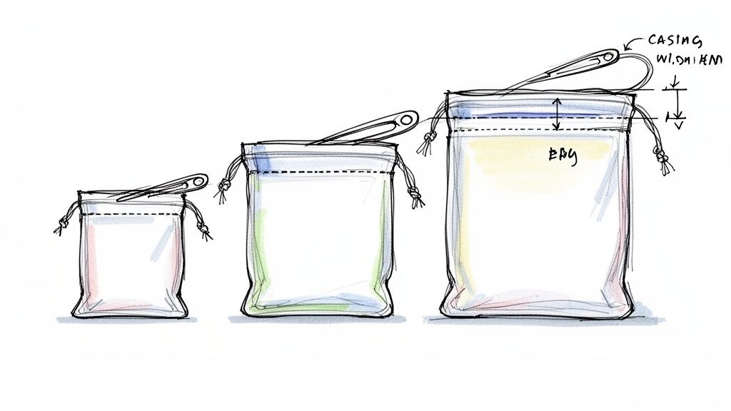 Illustration showing three drawstring bags of increasing size, with the largest demonstrating threading a drawstring.