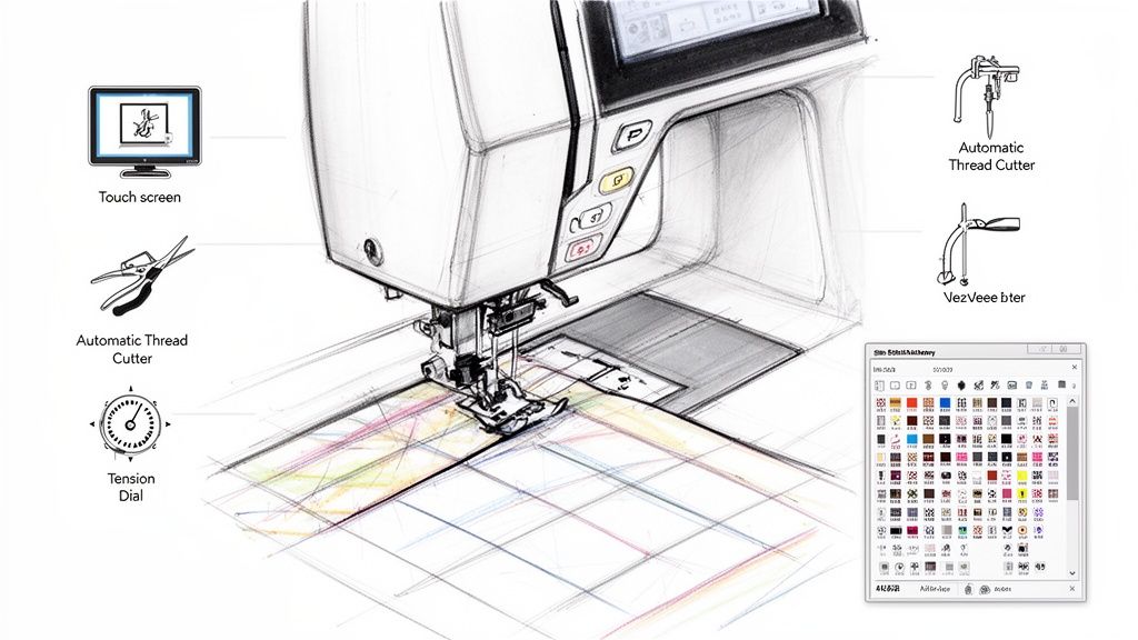 Sketch illustrating a computerized sewing machine with its automatic thread cutter, tension dial, and digital interface.