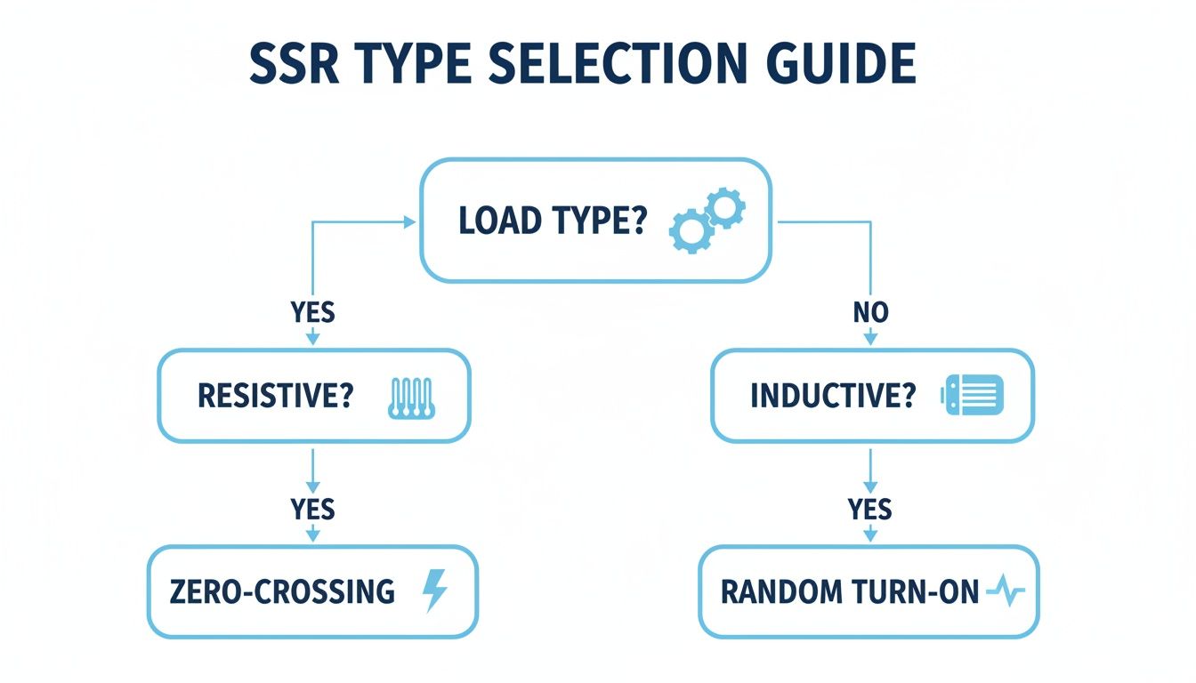Flowchart guiding solid state relay (SSR) type selection based on load: resistive or inductive.