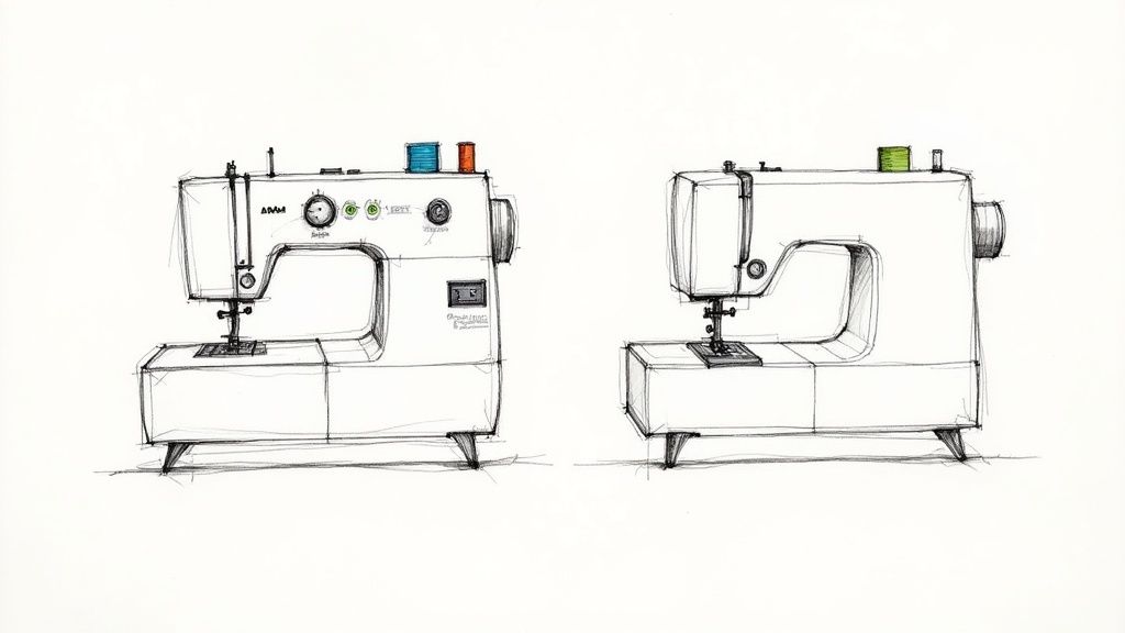 Hand-drawn sketch illustration of two vintage mechanical sewing machines with thread spools on top
