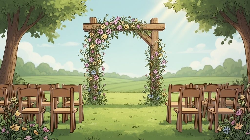 A picturesque outdoor wedding venue with a floral arch and wooden chairs in a grassy field.