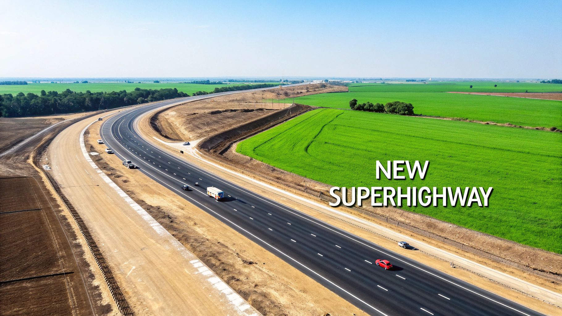 Aerial view of a new superhighway curving through lush green fields and construction zones.