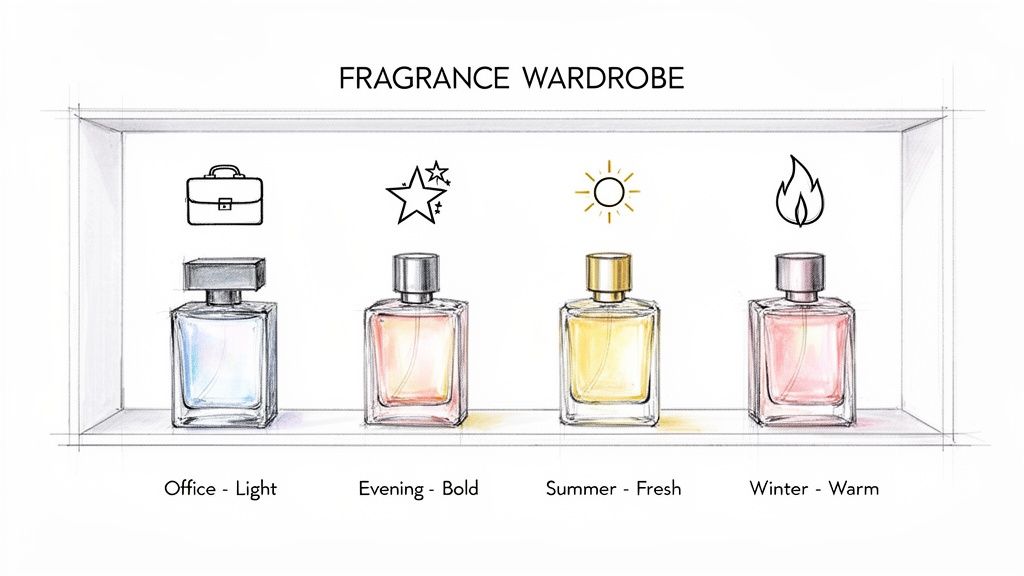 A fragrance wardrobe display showing four perfume bottles categorized for different occasions and seasons.