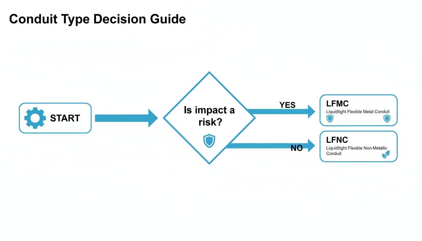 Flowchart guiding conduit type selection based on impact risk, choosing between liquidtight flexible metal or non-metallic conduits.