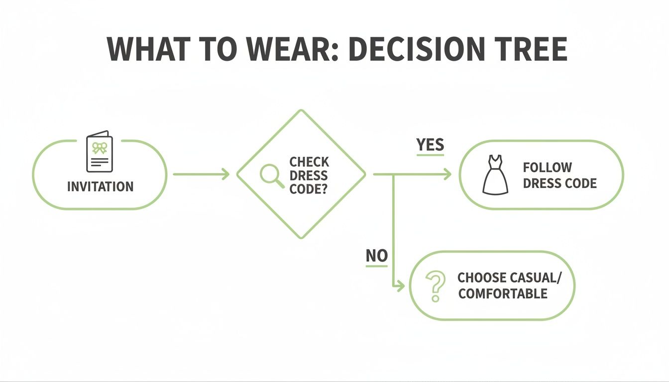 Decision tree flowchart for choosing what to wear based on an invitation and dress code.