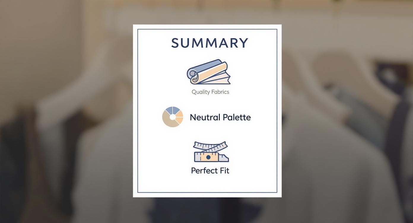 A summary card outlining three key aspects: quality fabrics, a neutral palette, and perfect fit.
