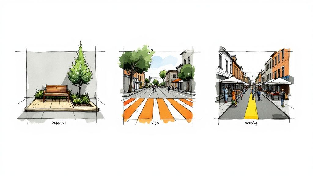 Illustrations of urban design concepts: a parklet, a street with an orange crosswalk, and a vibrant market street.