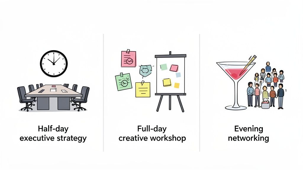 Three illustrations depicting various business events: executive strategy, creative workshop, and networking.
