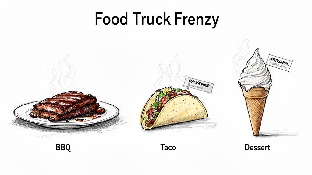 Illustrations of food truck offerings: BBQ ribs, a delicious taco, and an artisanal ice cream cone.