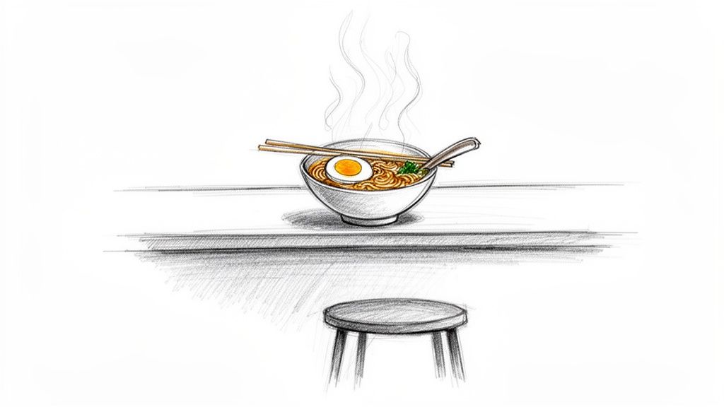 A pencil sketch of a steaming ramen bowl with an egg, chopsticks, and a spoon on a table, with a stool.