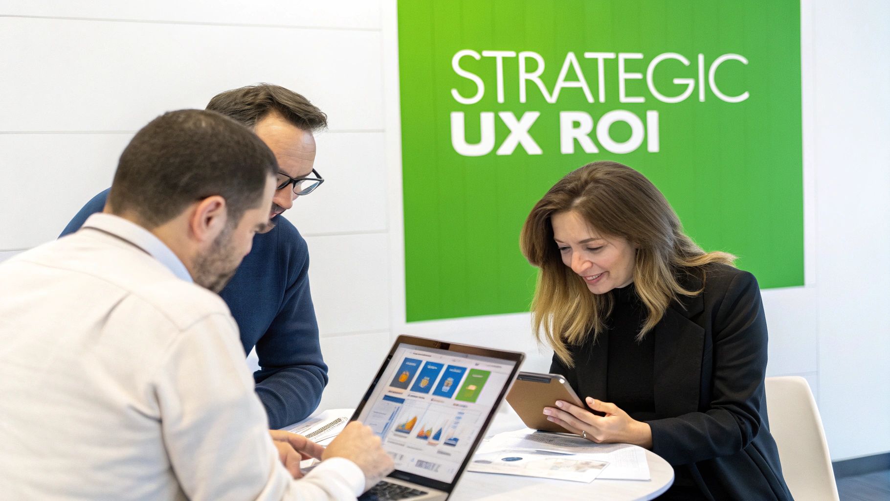 Three colleagues collaborating in an office, reviewing data on laptops and tablets with 'STRATEGIC UX ROI' sign.