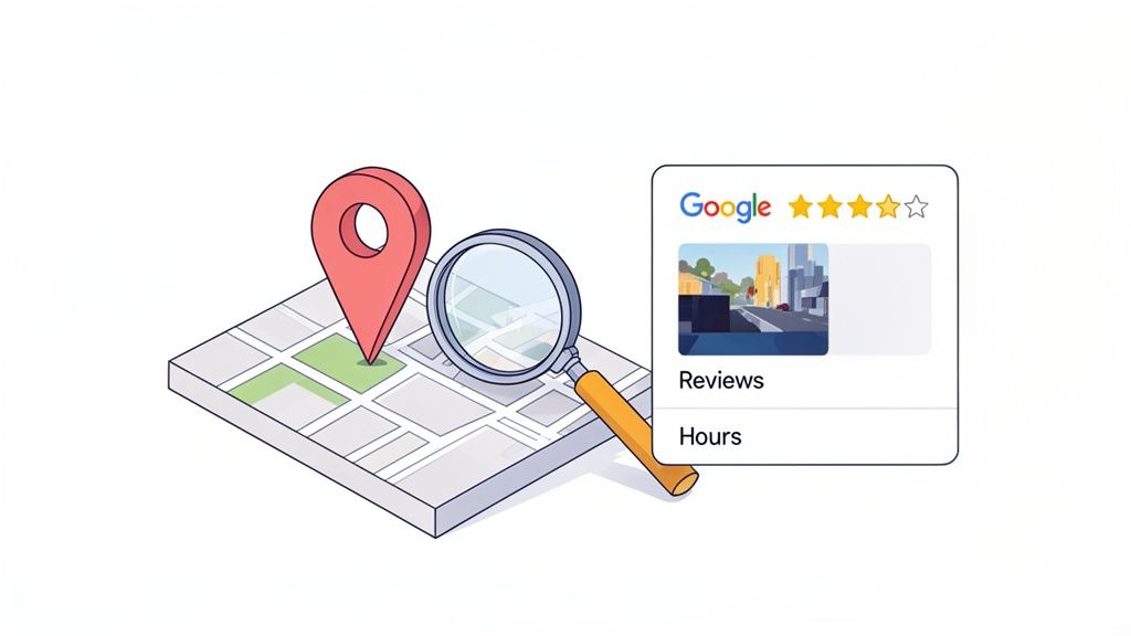 A business owner reviewing their well-optimized Google Business Profile on a tablet, showcasing high ratings and professional photos.