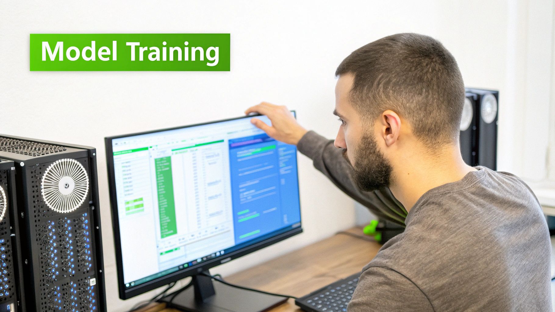 A man trains an AI model on a computer, with server towers visible, captioned 'Model Training'.