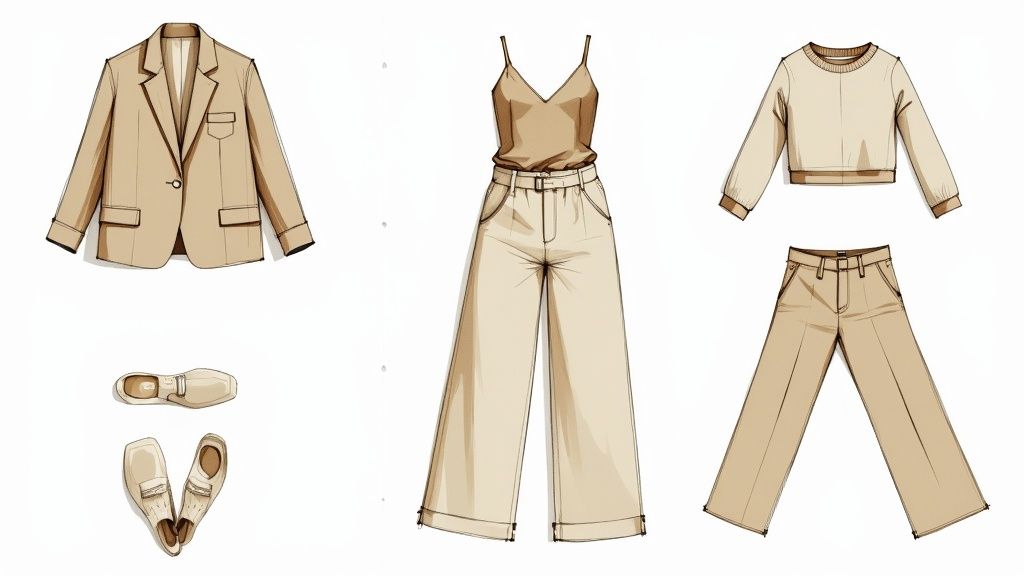 A woman wearing a stylish, modern work outfit consisting of a blazer and trousers