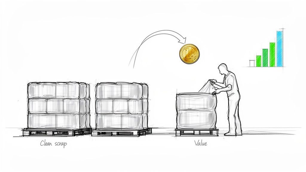 Illustration shows clean industrial scrap processed into valuable bales, generating profit and growth.