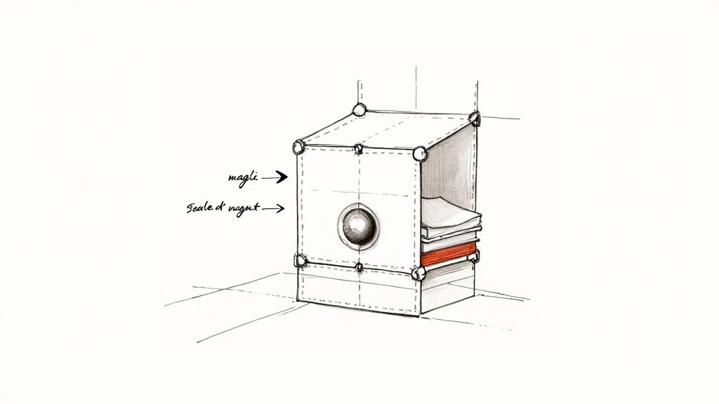 A hand-drawn architectural sketch of a modular shelving unit with a spherical element and books.
