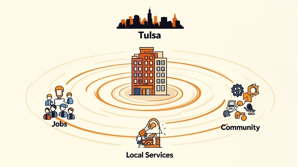 Illustration of Tulsa's urban core, surrounded by swirling lines connecting jobs, community, and local services.