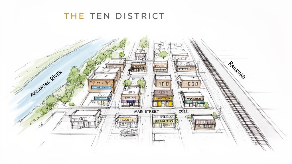 Hand-drawn aerial sketch of The Ten District, showing Arkansas River, Main Street, and railroad.