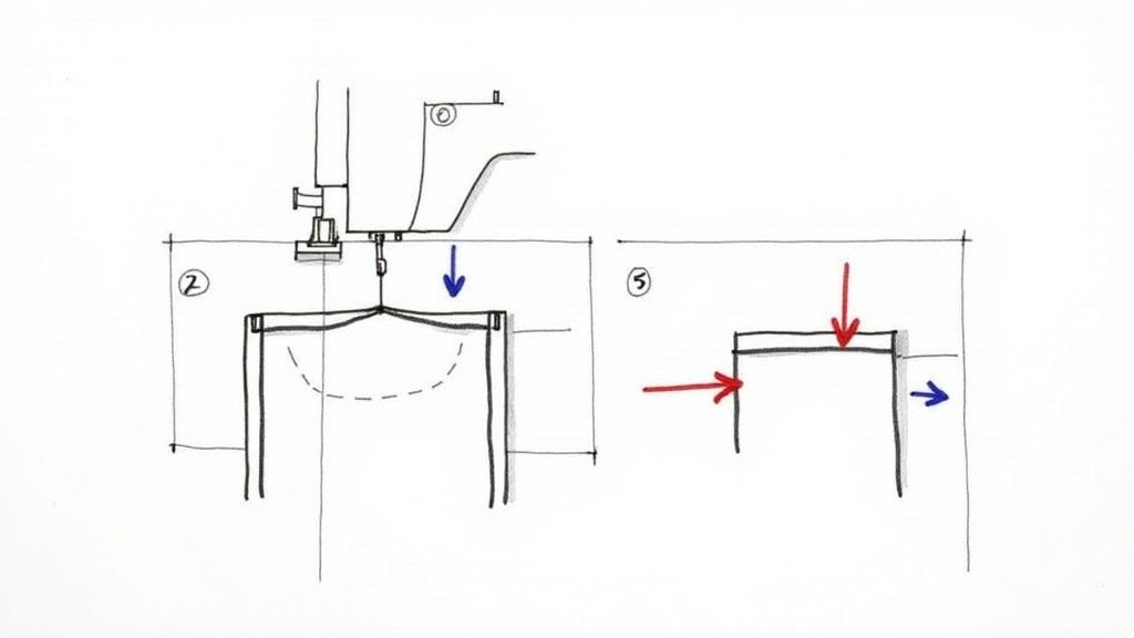 Two diagrams show a sewing machine or serger creating a seam, illustrating fabric placement and stitch direction.