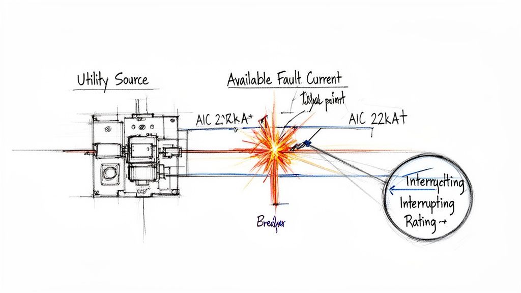 Electrical diagram illustrating utility source, available fault current, and circuit breaker interrupting rating.