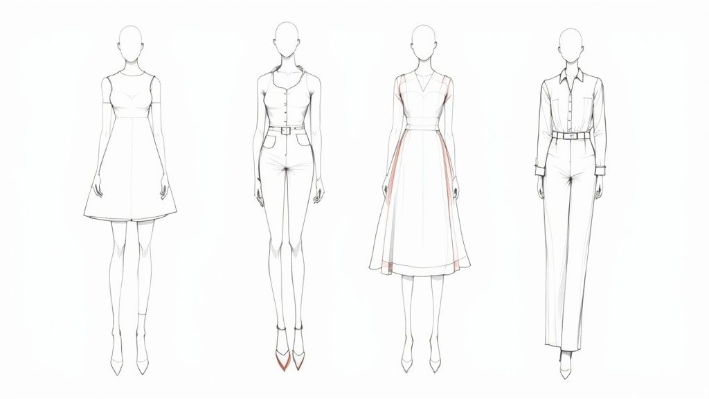 Four fashion illustrations showcasing various stylish workwear outfits for women, including dresses, pants, and blouses.