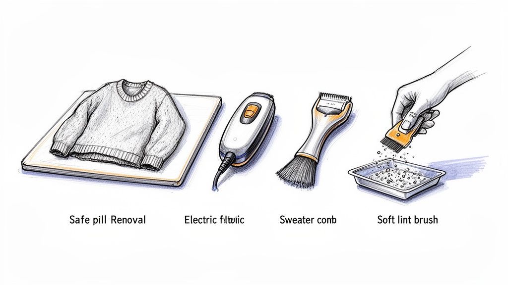 Various tools for safe pill removal and fabric care, including an electric shaver, sweater comb, and lint brush.