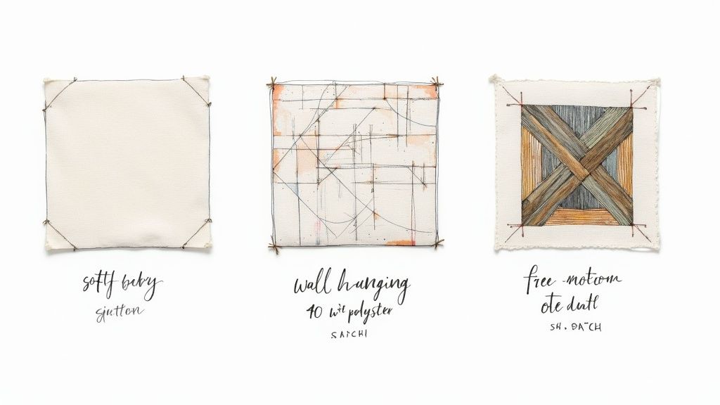 Three distinct textile samples: a plain fabric, an abstract piece, and an interwoven wood-like design.