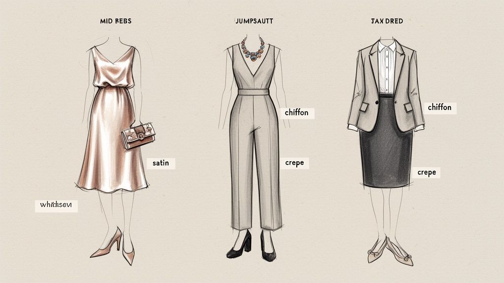 Three fashion illustrations depicting semi-formal outfits: a satin dress, a crepe jumpsuit, and a chiffon and crepe skirt suit.