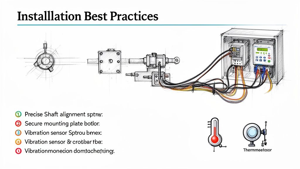 Diagram illustrating industrial equipment installation best practices with sensors, wiring, and a control panel.