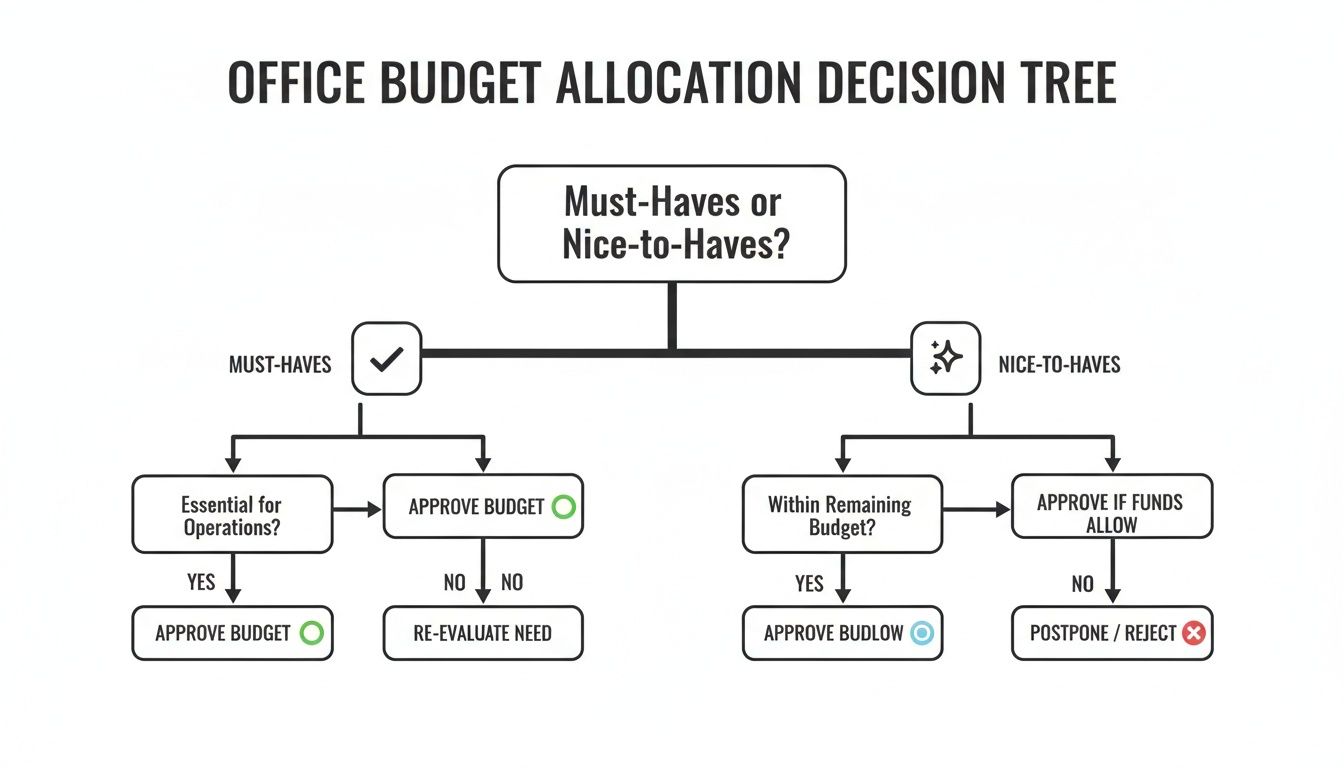 A detailed office budget allocation decision tree flowchart, guiding spending on must-haves versus nice-to-haves.