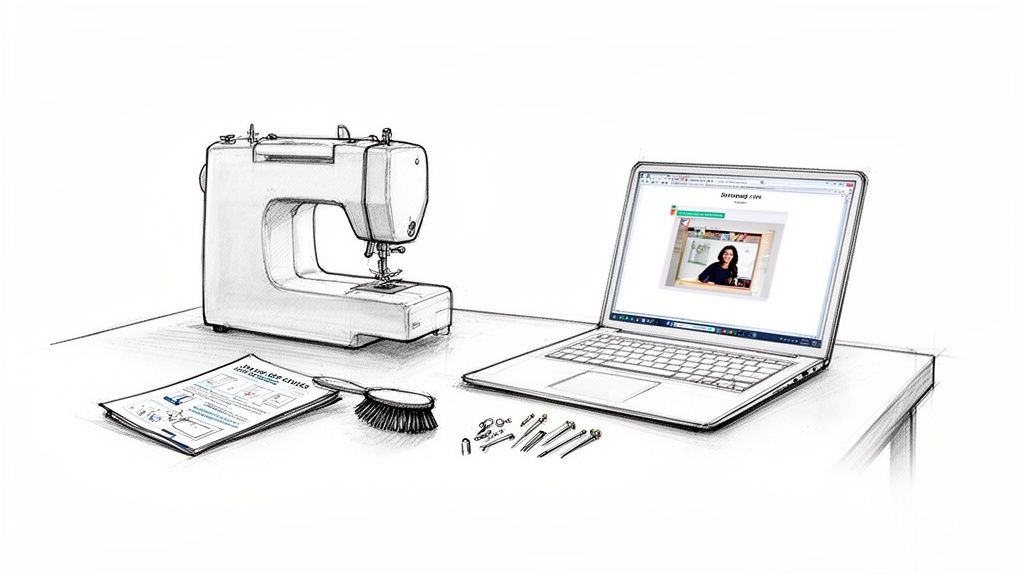 A sketch of a sewing machine, laptop showing an online class, and sewing tools on a table.
