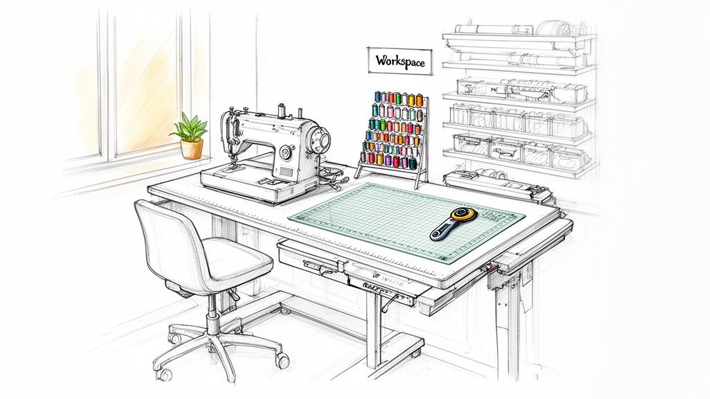 A detailed sketch of a well-organized quilting and sewing workspace with a machine, cutting mat, and thread rack.
