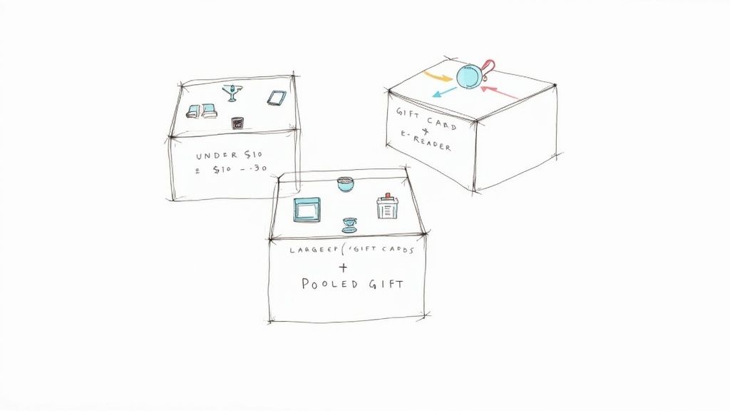 A whiteboard sketch illustrating three gift boxes with categories: under $10, $10-30, gift cards, e-readers, and pooled gifts.