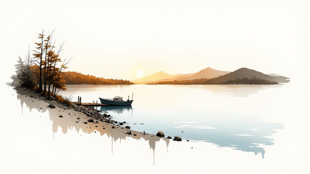 Watercolor painting of a tranquil lake scene at sunrise with mountains, trees, a dock, and a boat.