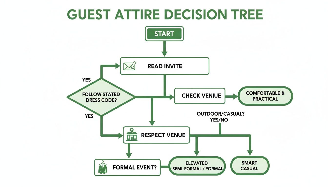 Decision tree flow chart helping guests choose appropriate attire for various events.