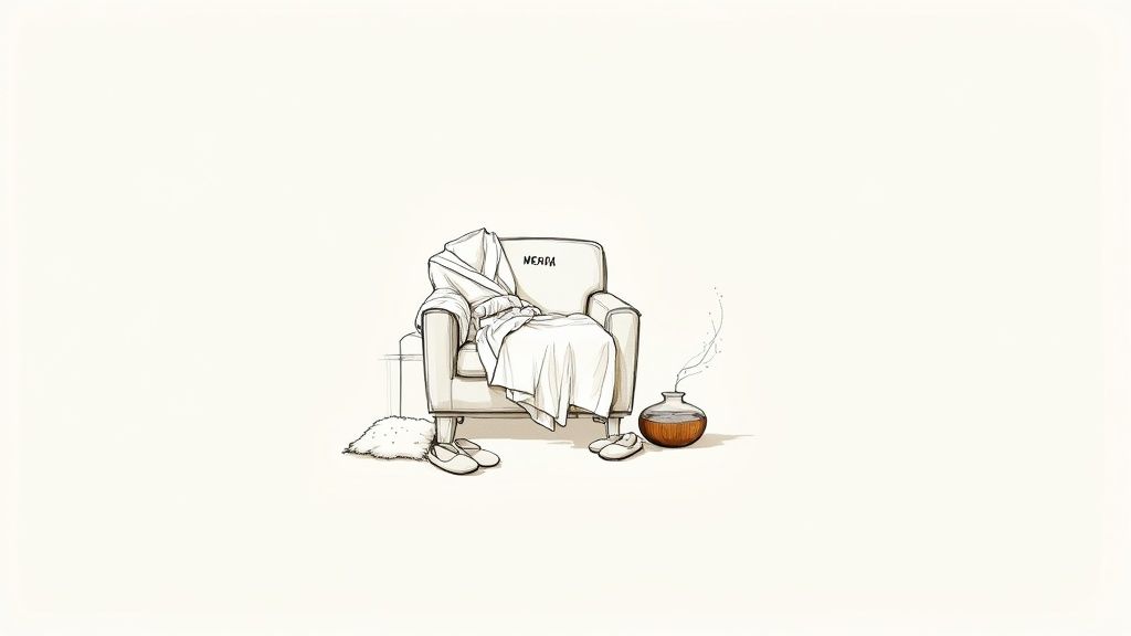 Minimalist illustration of a comfy armchair with a robe, slippers, and an aroma diffuser.