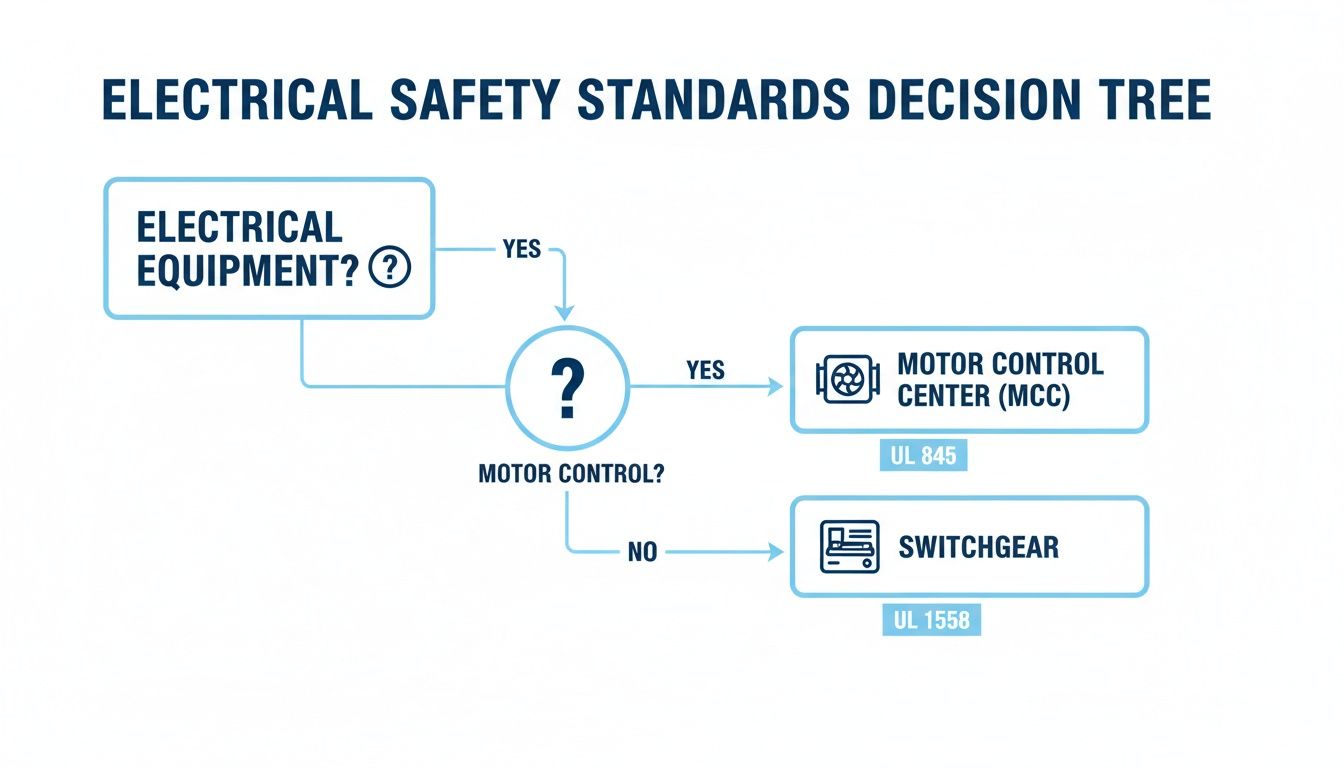 Electrical safety standards decision tree for classifying equipment as motor control center or switchgear.