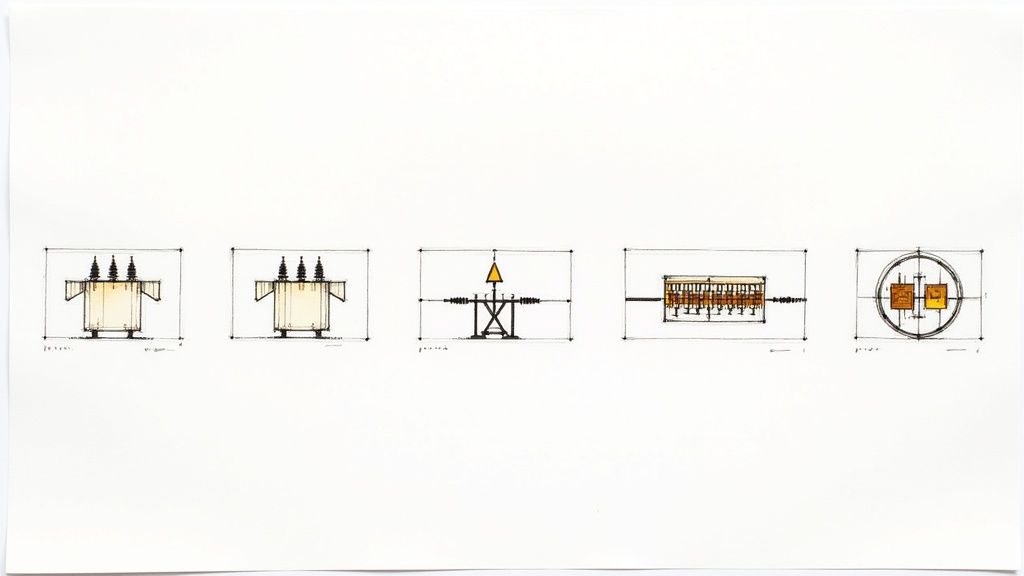 Five hand-drawn technical diagrams illustrating various electrical power substation components.